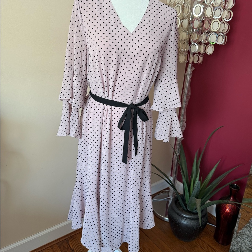 NWT LINEA pink with black spots flowing dress. UK 12 = US 6/8